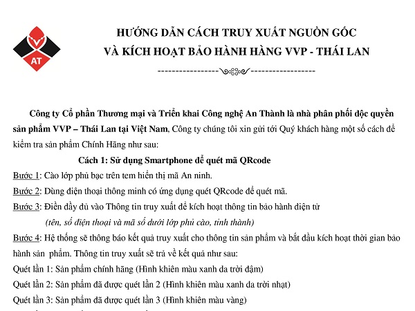 Hướng dẫn truy suất nguồn gốc và kích hoạt bảo hành hàng VVP- Thái Lan
